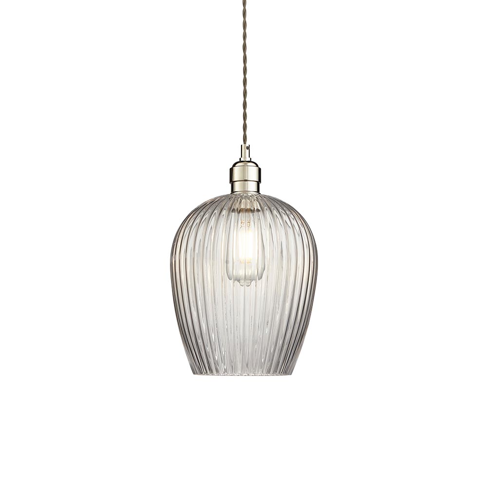 Ribbed clear glass and bright nickel pendant