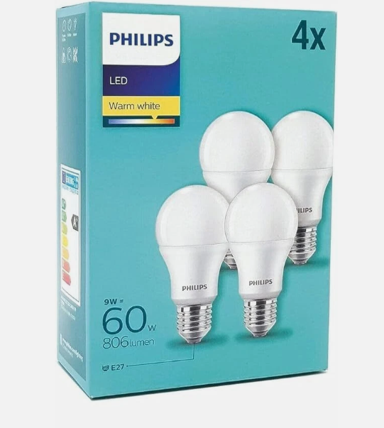 PHILIPS LED 9W (60W) A60 E27 WW FR ND (4-PACK)