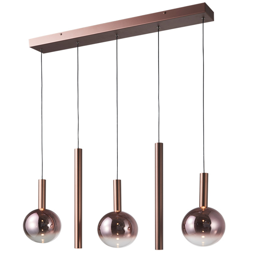 Aurora 5 Light Bar Pendant with Glass Shades and Copper LED